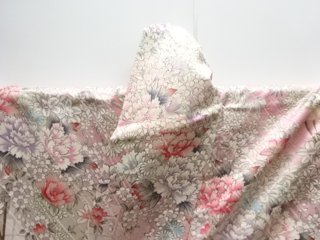  未使用品　扇に草花模様小紋着物